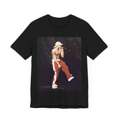 A black graphic t-shirt featuring a graphic inspired by Eminem's film '8 Mile'.
