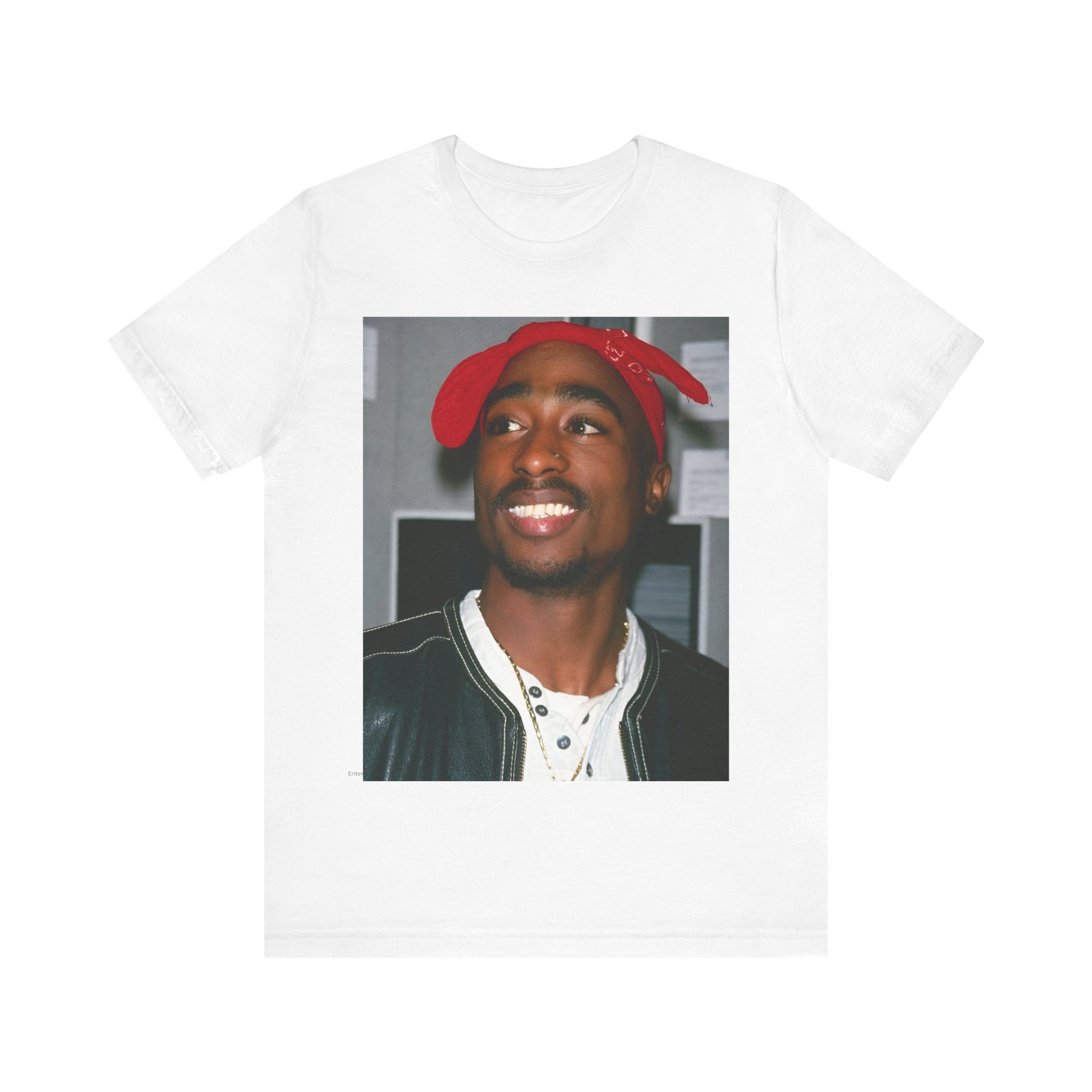 A black graphic t-shirt featuring a graphic of Tupac with his iconic bandana style.