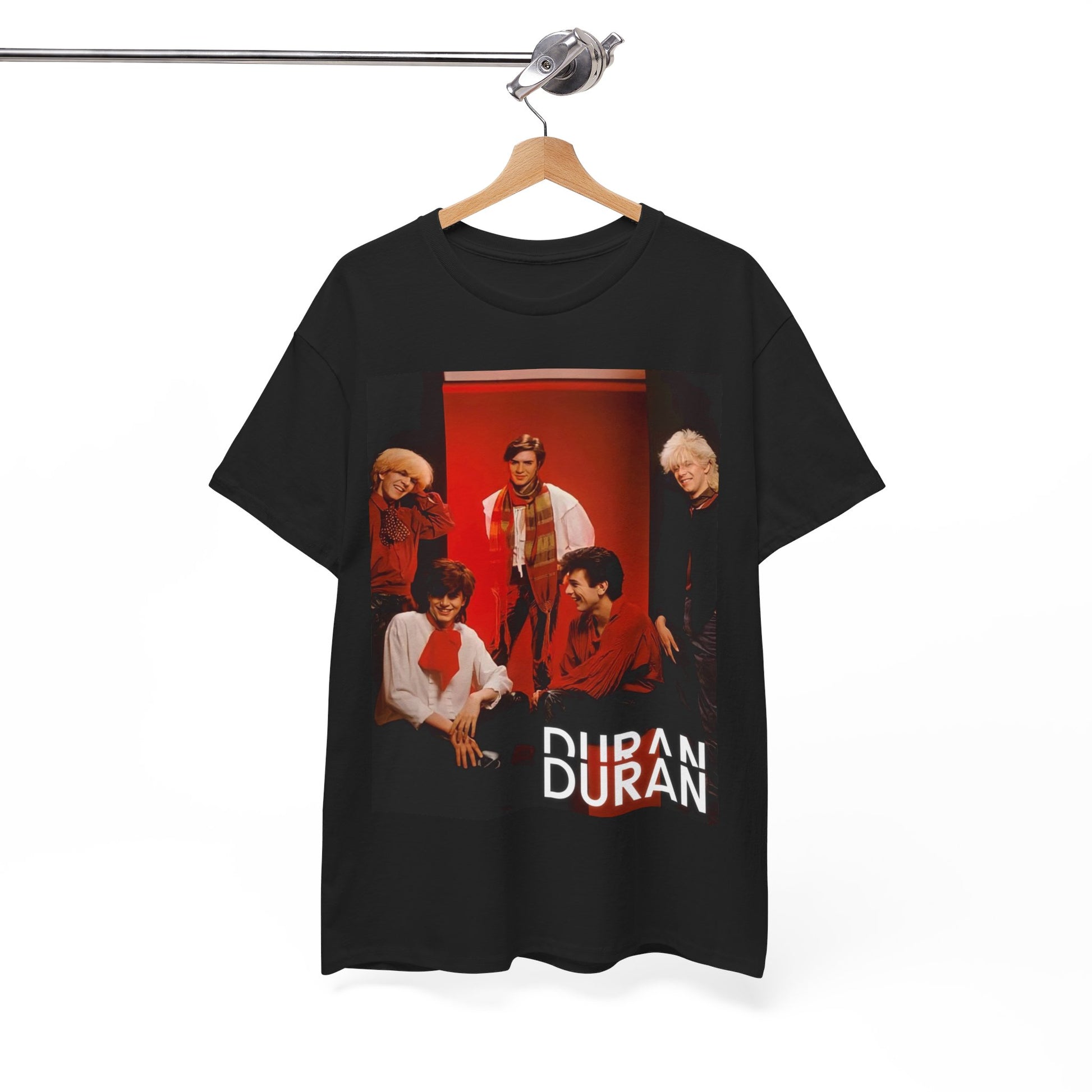 A black graphic t-shirt featuring an 80s aesthetic pop graphic of Duran Duran.