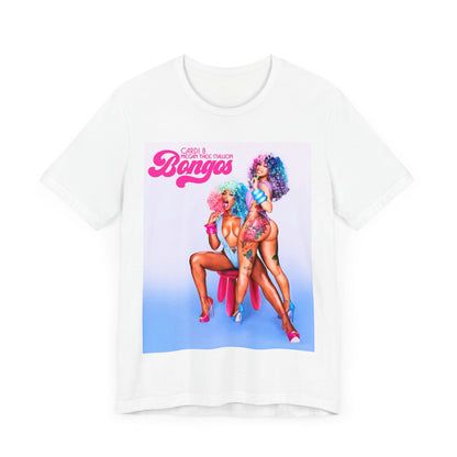 A black graphic t-shirt featuring the single artwork for Cardi B's song "Bongos."