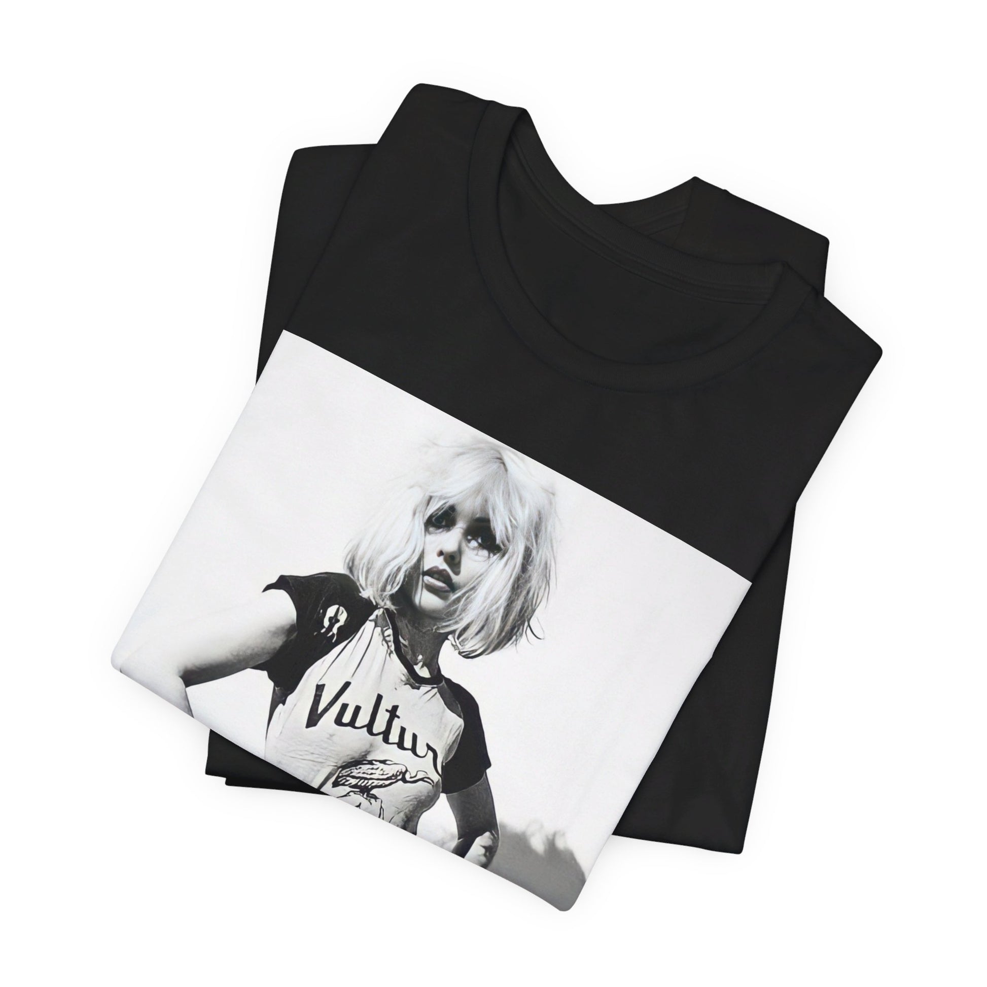 A black graphic t-shirt featuring a 70s punk graphic for Blondie, possibly with a 'vulture' motif or raw, edgy artwork.