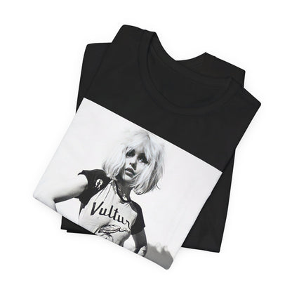 A black graphic t-shirt featuring a 70s punk graphic for Blondie, possibly with a 'vulture' motif or raw, edgy artwork.