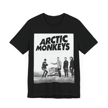 A black graphic t-shirt featuring the Arctic Monkeys logo in black and white.