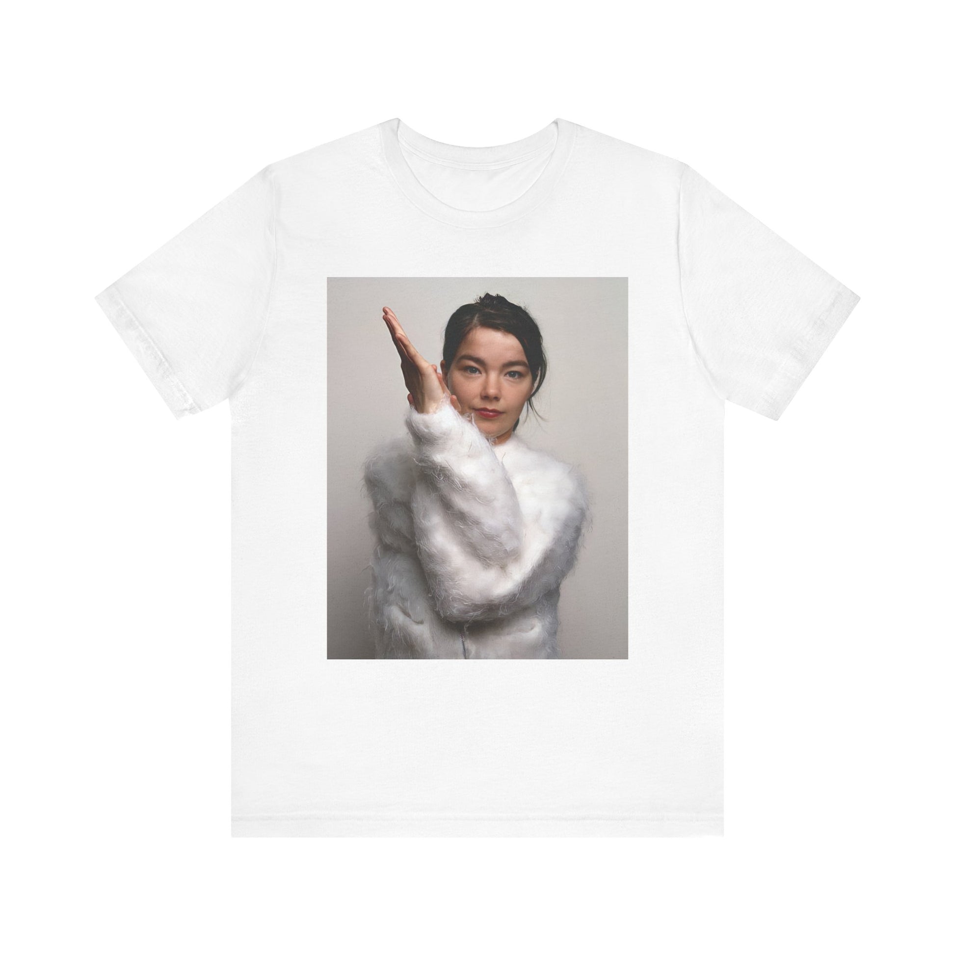 A black graphic t-shirt featuring a classic indie music graphic of Bjork.