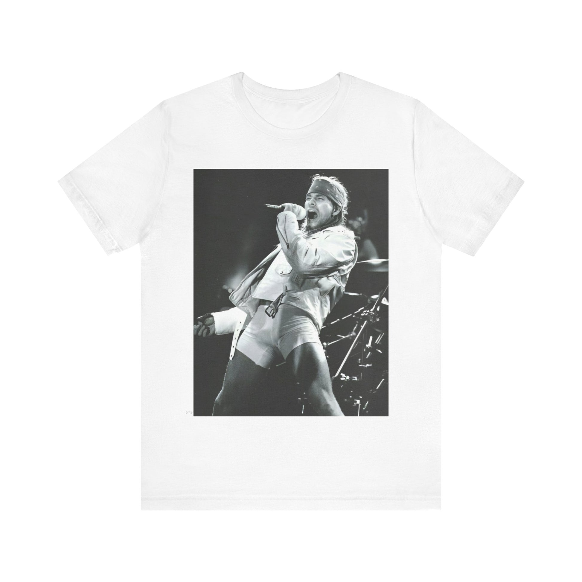 A black graphic t-shirt featuring a black and white graphic or photo of Axl Rose from Guns N' Roses performing on stage in the 90s.