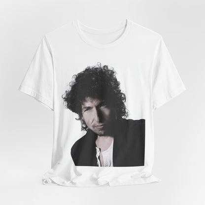 A black graphic t-shirt featuring a timeless folk rock graphic of Bob Dylan, possibly with his guitar or harmonica.