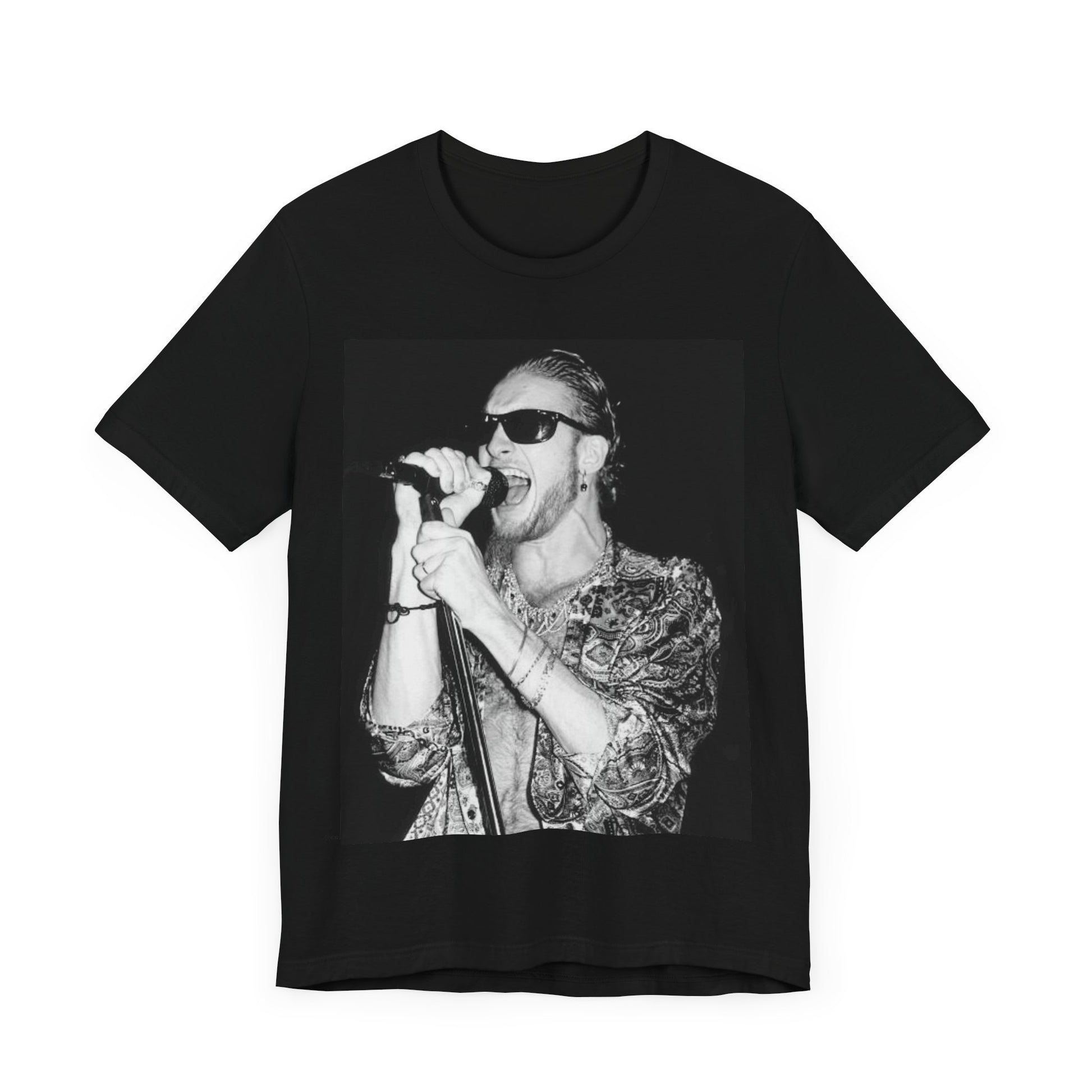 A black graphic t-shirt featuring an iconic black and white portrait photo of Layne Staley from Alice In Chains, showing his distinctive look.