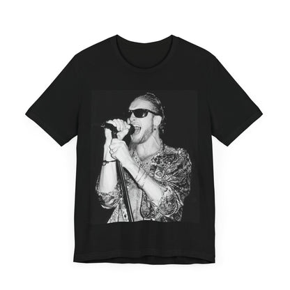 A black graphic t-shirt featuring an iconic black and white portrait photo of Layne Staley from Alice In Chains, showing his distinctive look.