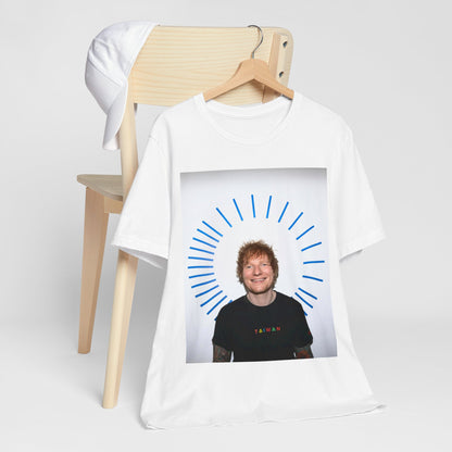 A black graphic t-shirt featuring a classic photo portrait of Ed Sheeran in a folk-pop style.