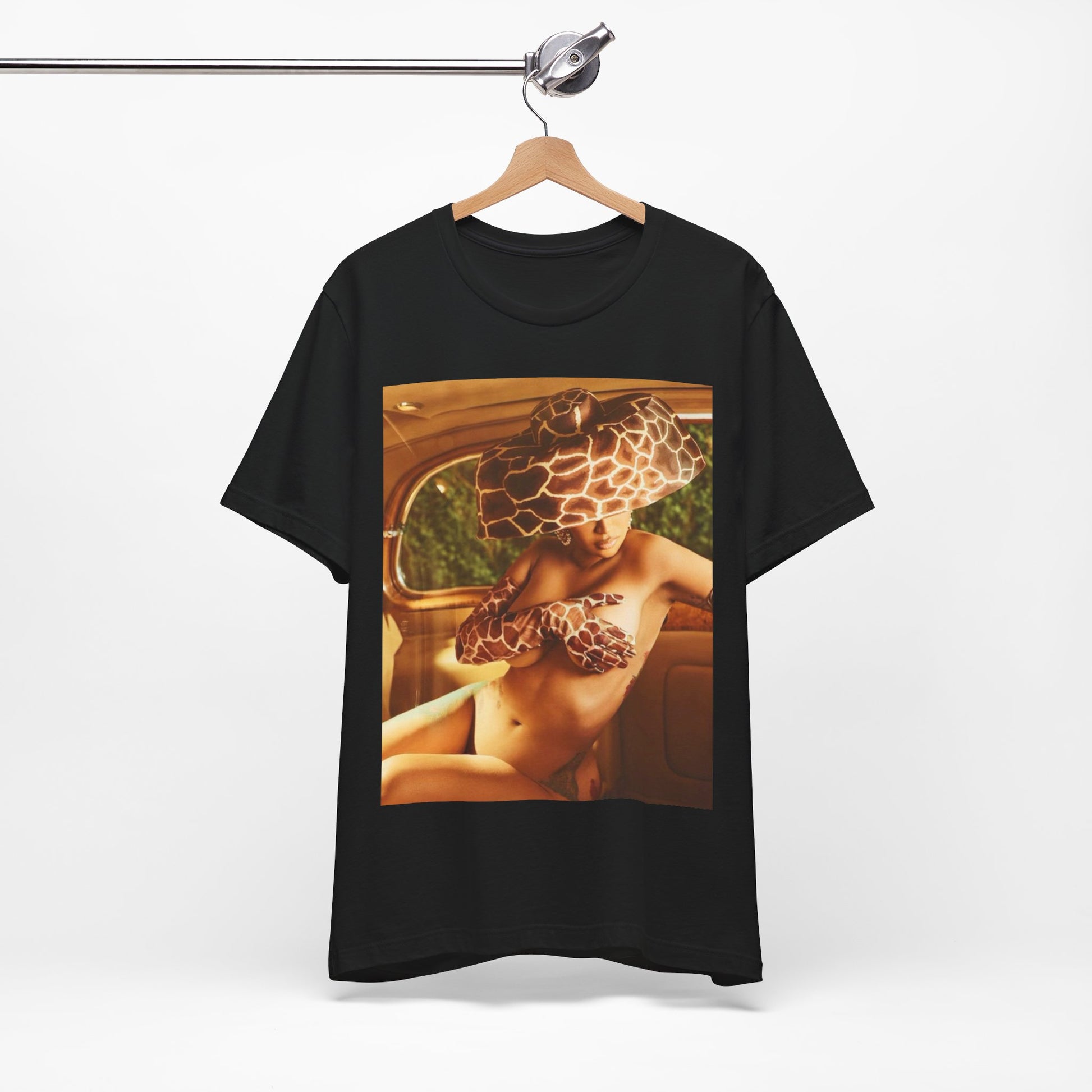 A black graphic t-shirt featuring a graphic of Cardi B as a hip hop culture phenomenon.