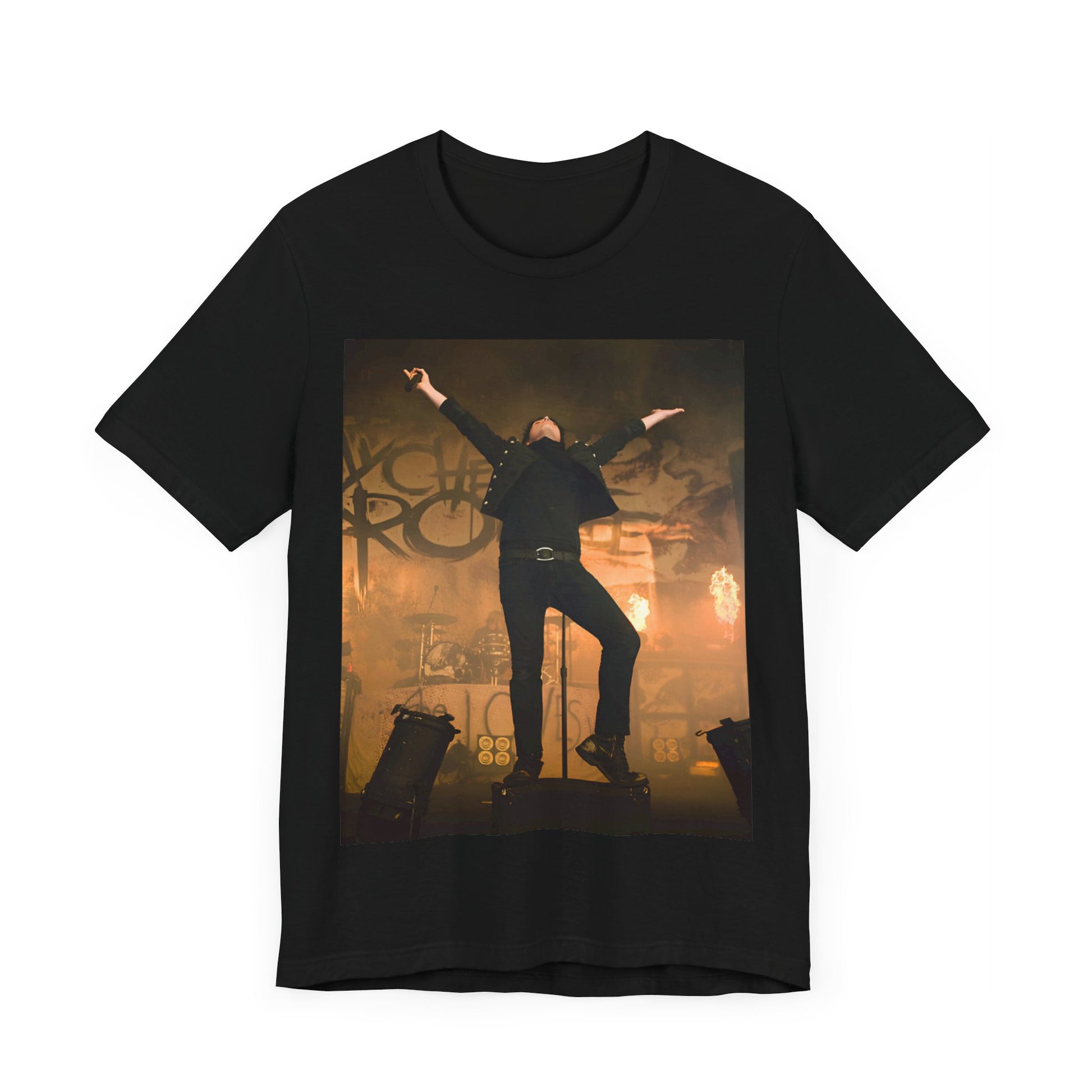A black graphic t-shirt featuring an on-stage merch graphic of My Chemical Romance.