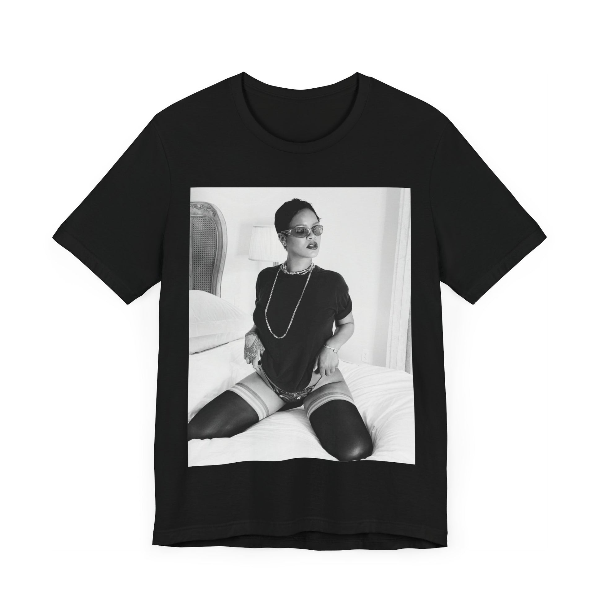 A black graphic t-shirt featuring a black and white graphic related to Rihanna's 'Diamonds' song or era.