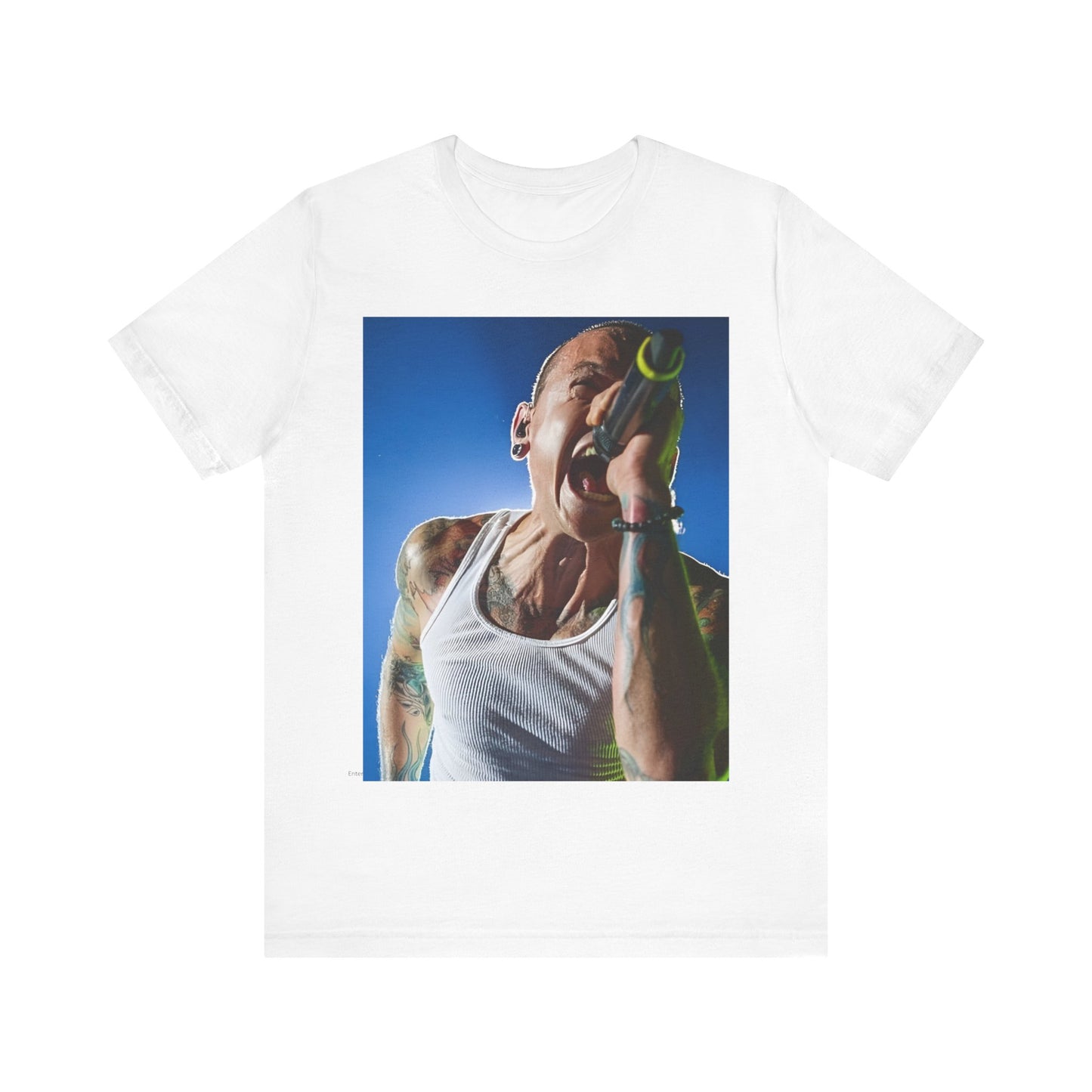 A black graphic t-shirt featuring a retro graphic of Linkin Park performing live.