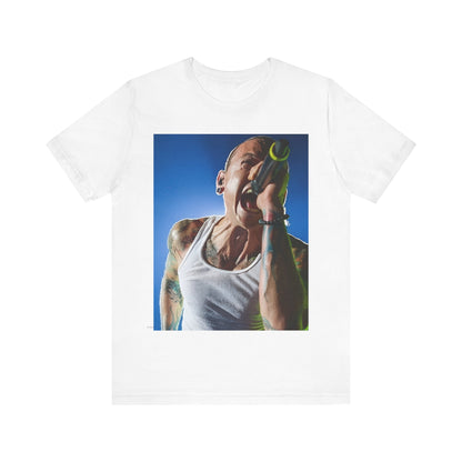 A black graphic t-shirt featuring a retro graphic of Linkin Park performing live.