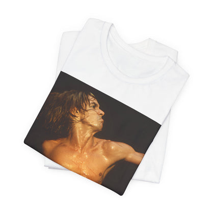 A black graphic t-shirt featuring an iconic photo of Iggy Pop performing live on stage.