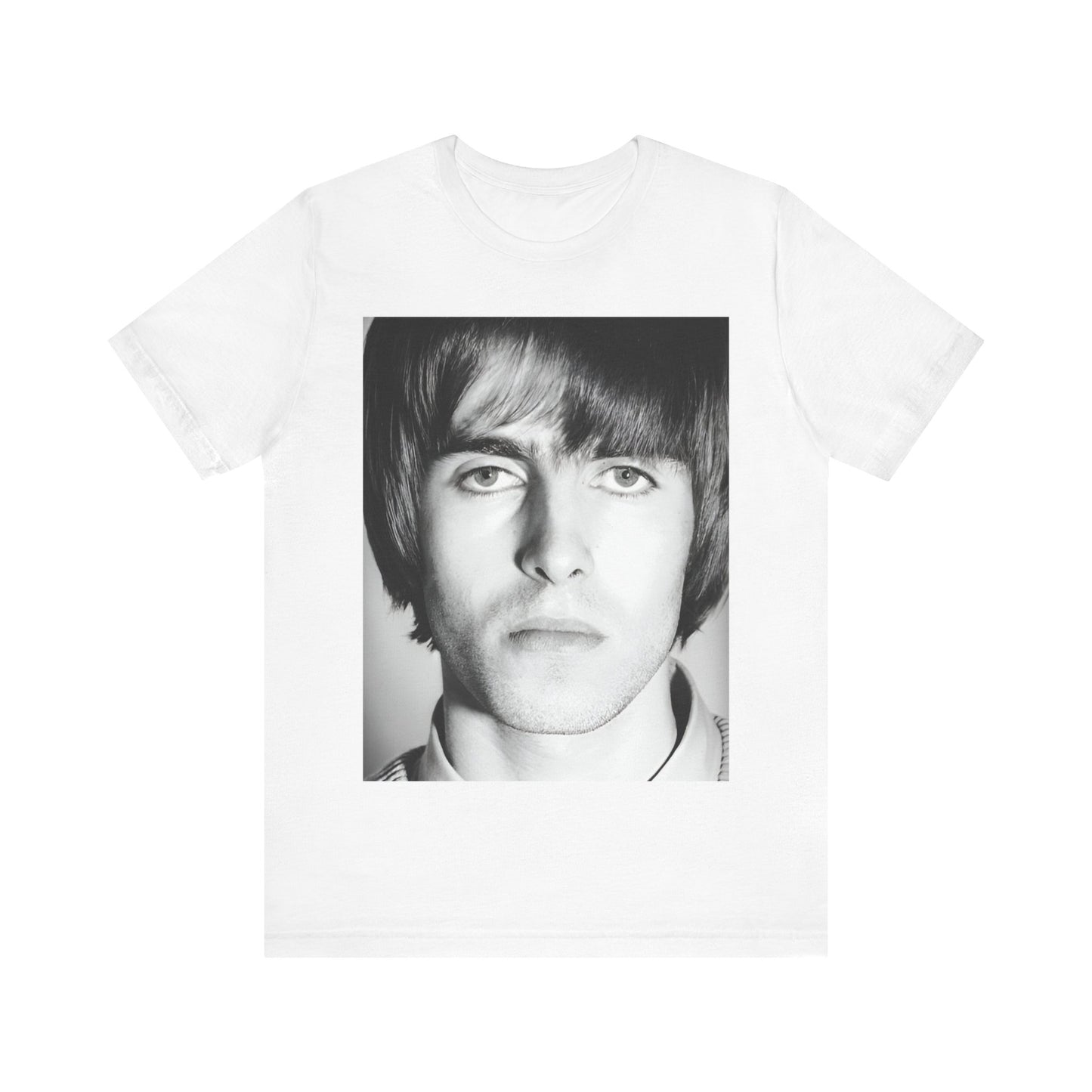 A black graphic t-shirt featuring a 90s portrait photo of Liam Gallagher from Oasis.