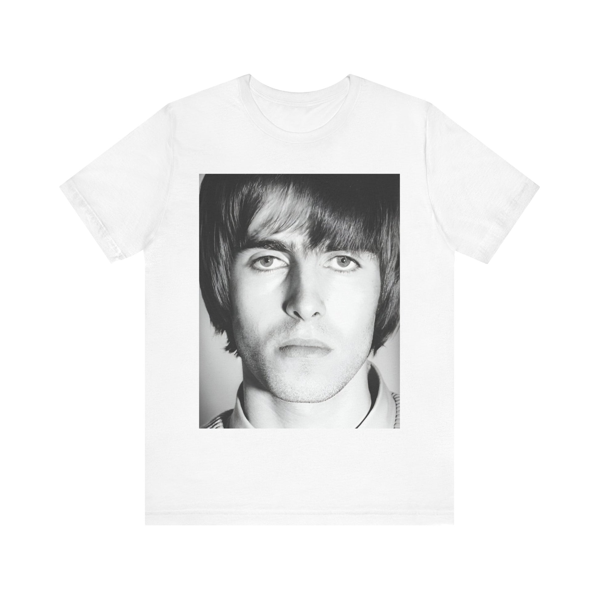 A black graphic t-shirt featuring a 90s portrait photo of Liam Gallagher from Oasis.