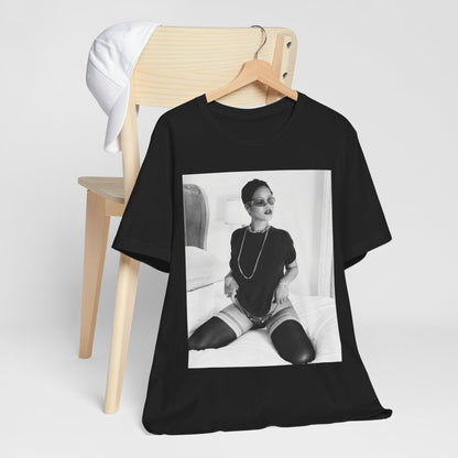 A black graphic t-shirt featuring a black and white graphic related to Rihanna's 'Diamonds' song or era.