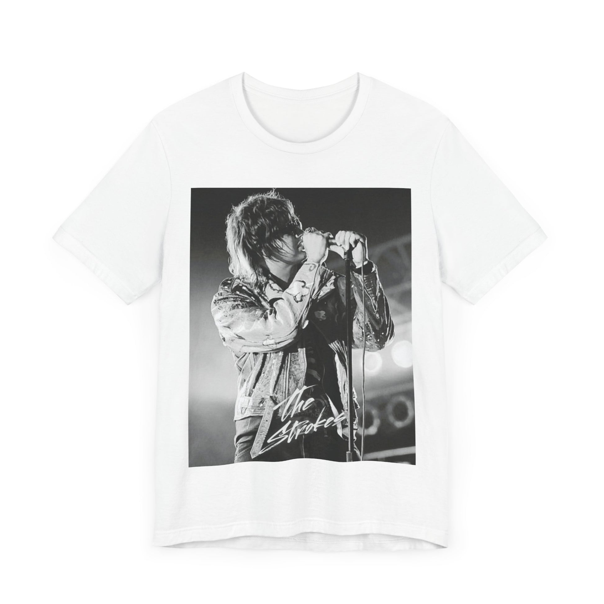 A black graphic t-shirt featuring a vintage graphic related to The Strokes' 'Last Nite' song or era.