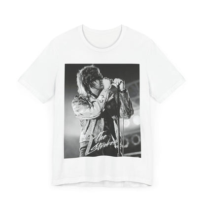 A black graphic t-shirt featuring a vintage graphic related to The Strokes' 'Last Nite' song or era.