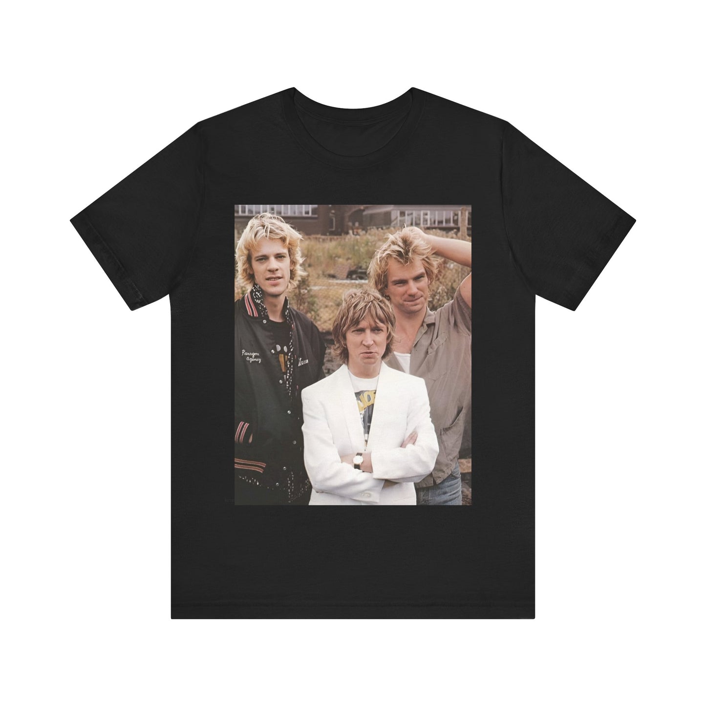 A black graphic t-shirt featuring a graphic of The Police as a timeless three-piece band.