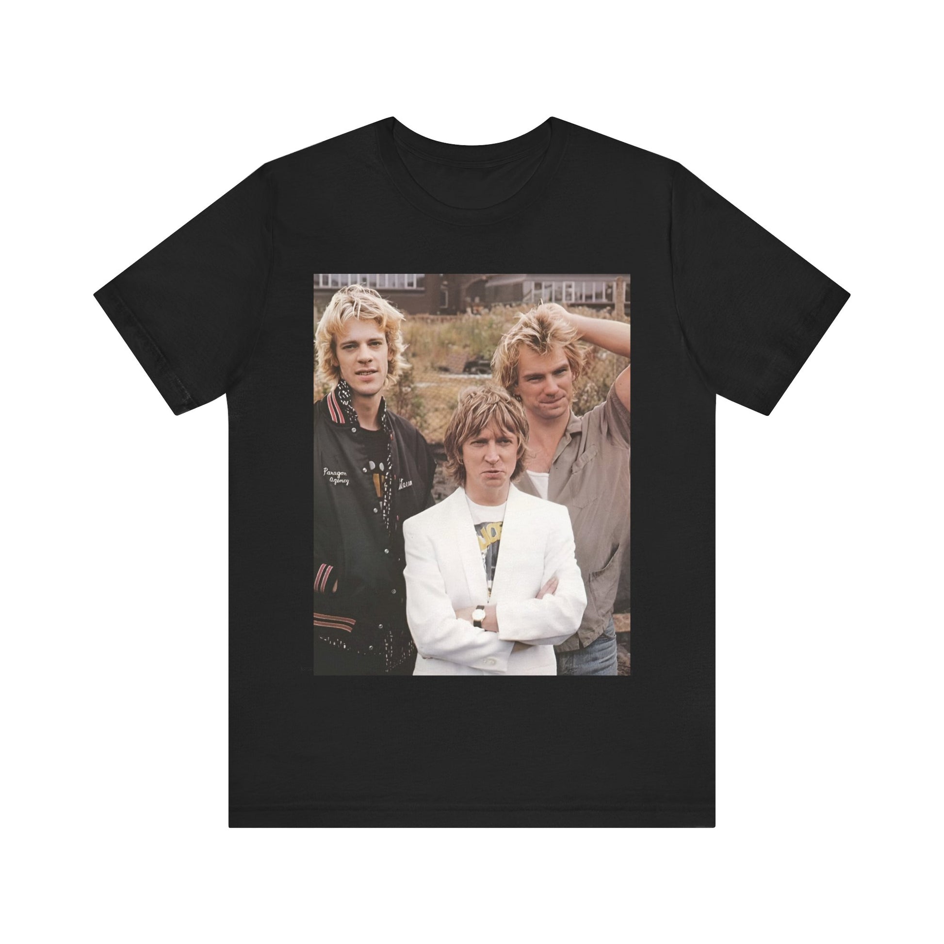 A black graphic t-shirt featuring a graphic of The Police as a timeless three-piece band.