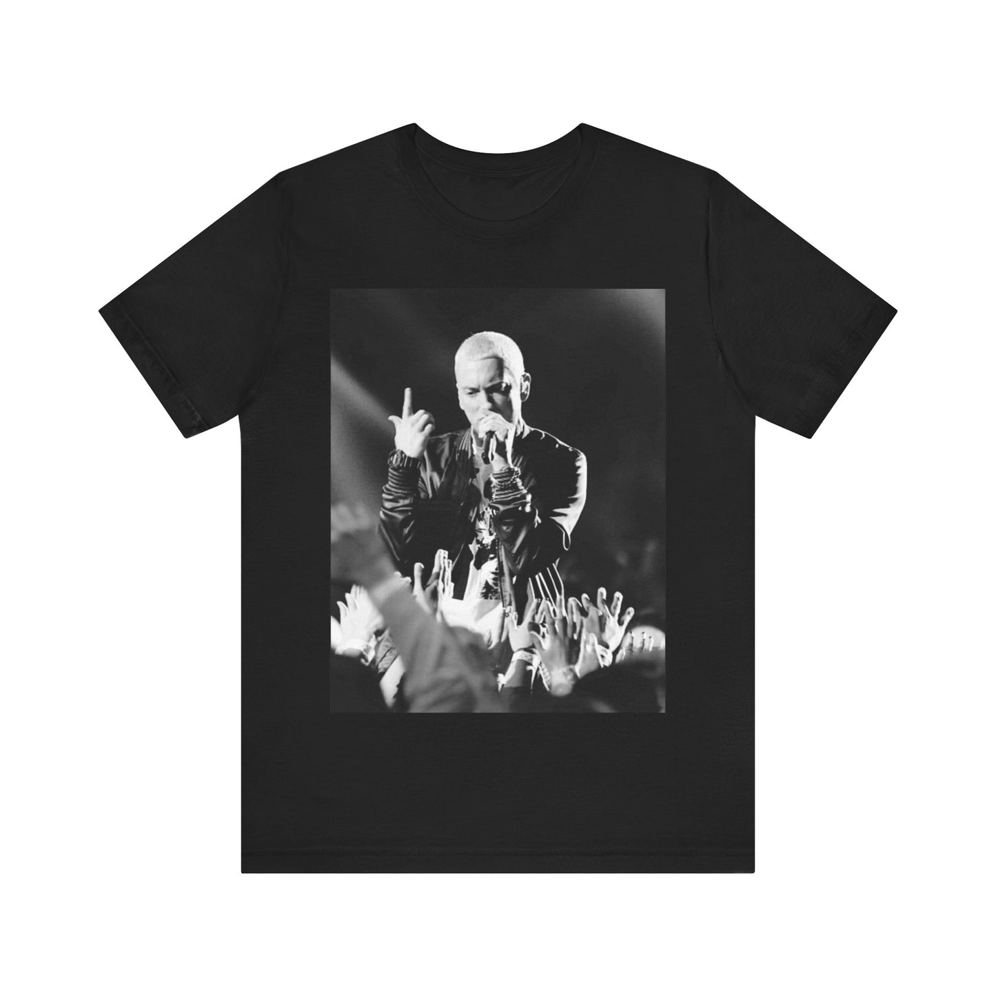 A black graphic t-shirt featuring a graphic or photo of Eminem performing live on stage.