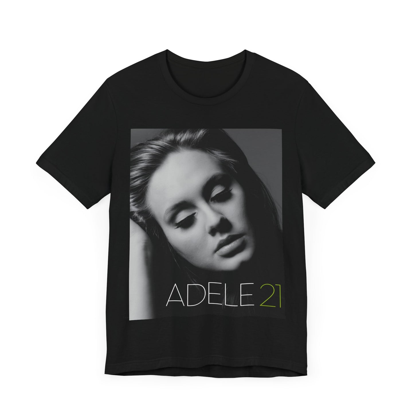 A black graphic t-shirt featuring the album cover art for Adele's '21' album, showing a close-up portrait of her with a contemplative expression.