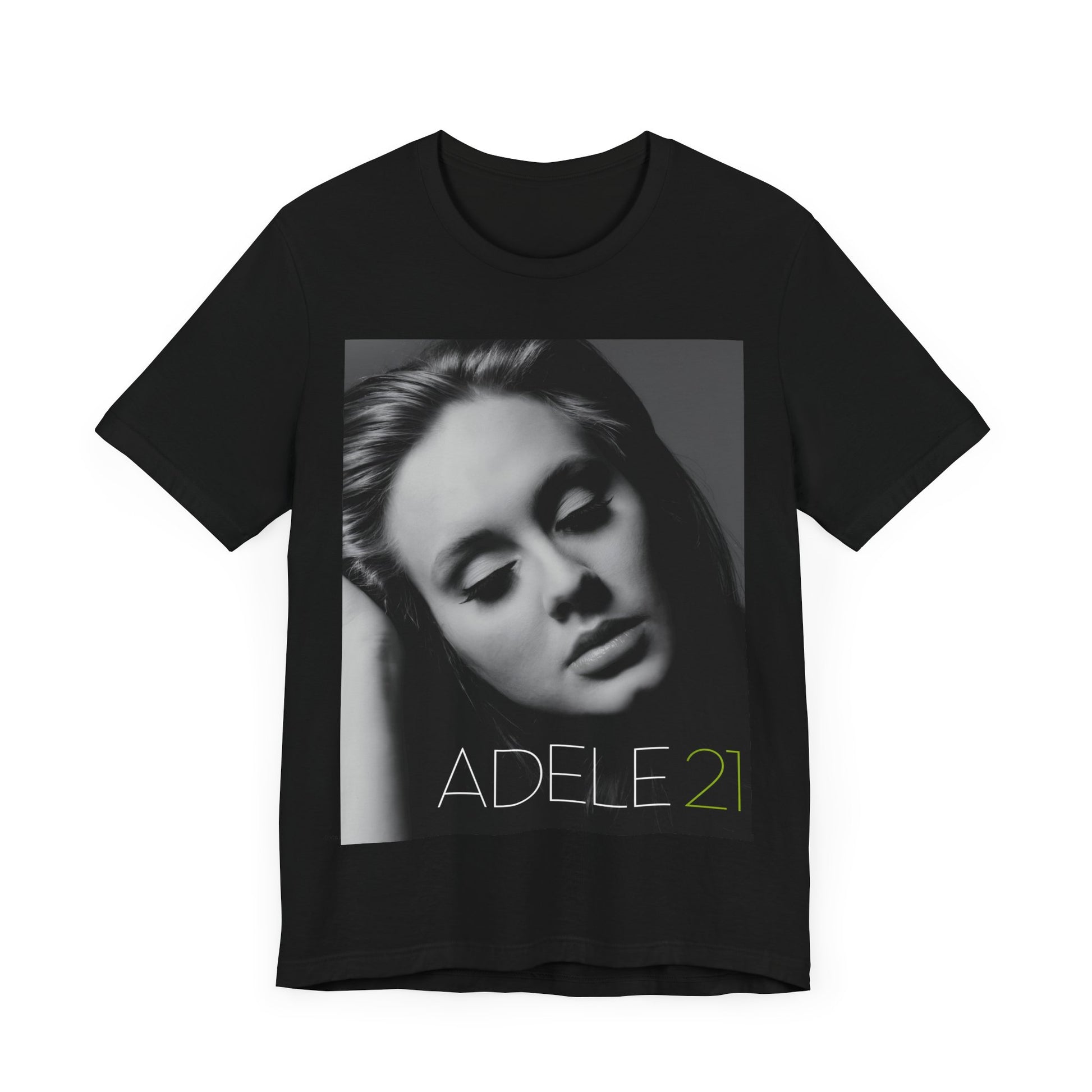 A black graphic t-shirt featuring the album cover art for Adele's '21' album, showing a close-up portrait of her with a contemplative expression.
