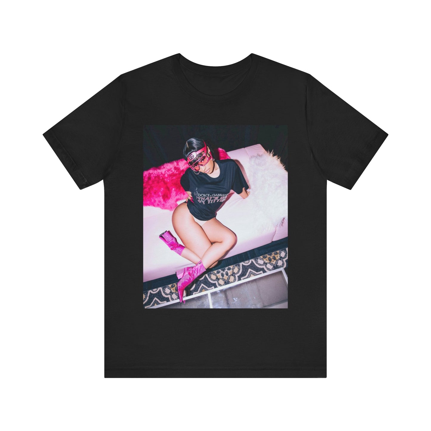 A black graphic t-shirt featuring a classic lifestyle graphic of Nicki Minaj.