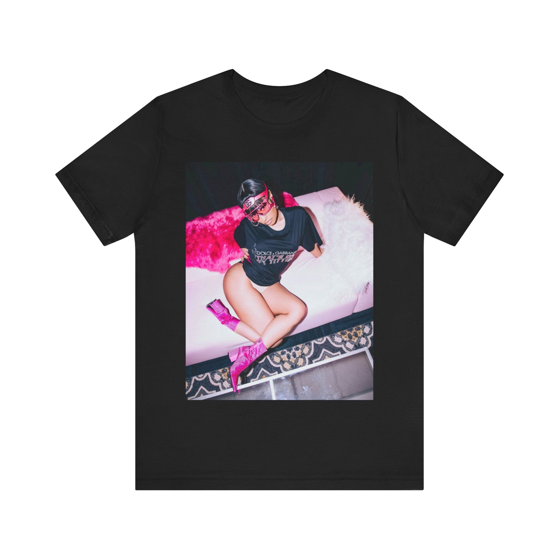 A black graphic t-shirt featuring a classic lifestyle graphic of Nicki Minaj.