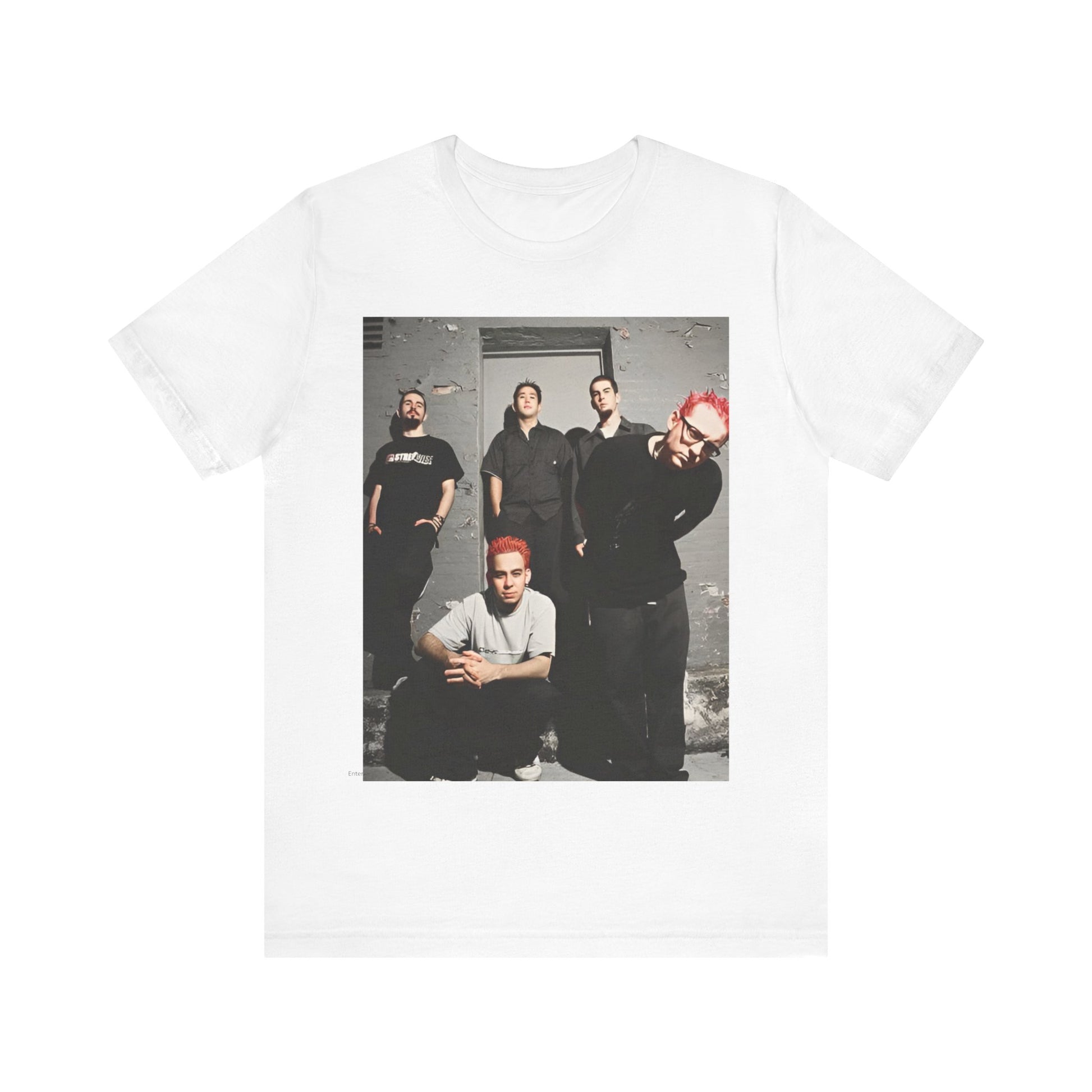 A black graphic t-shirt featuring a retro alt rock band graphic of Linkin Park.