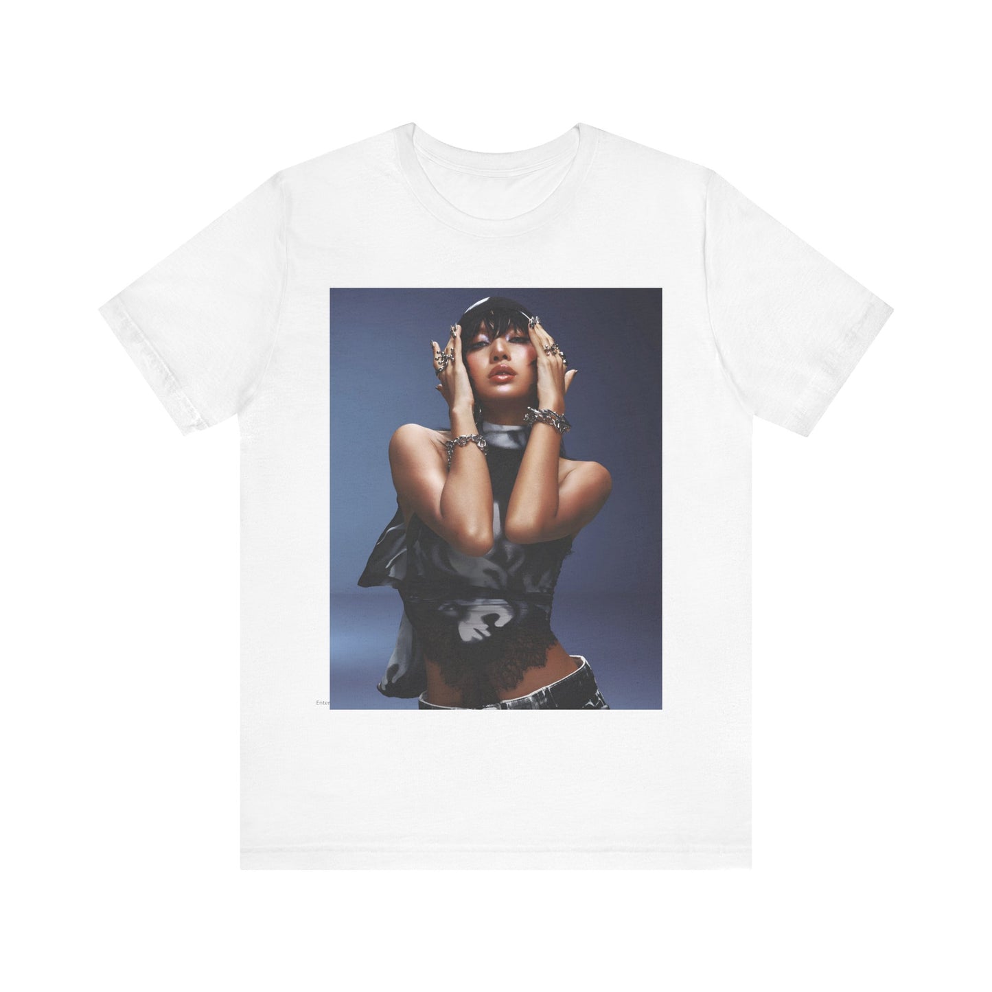 A black graphic t-shirt featuring a bold visual graphic of Lisa from K-Pop.