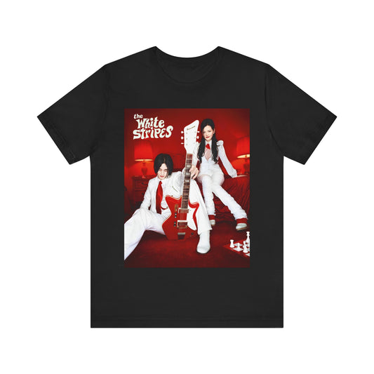 A black graphic t-shirt featuring a graphic related to The White Stripes' 'Seven Nation Army' song or era.