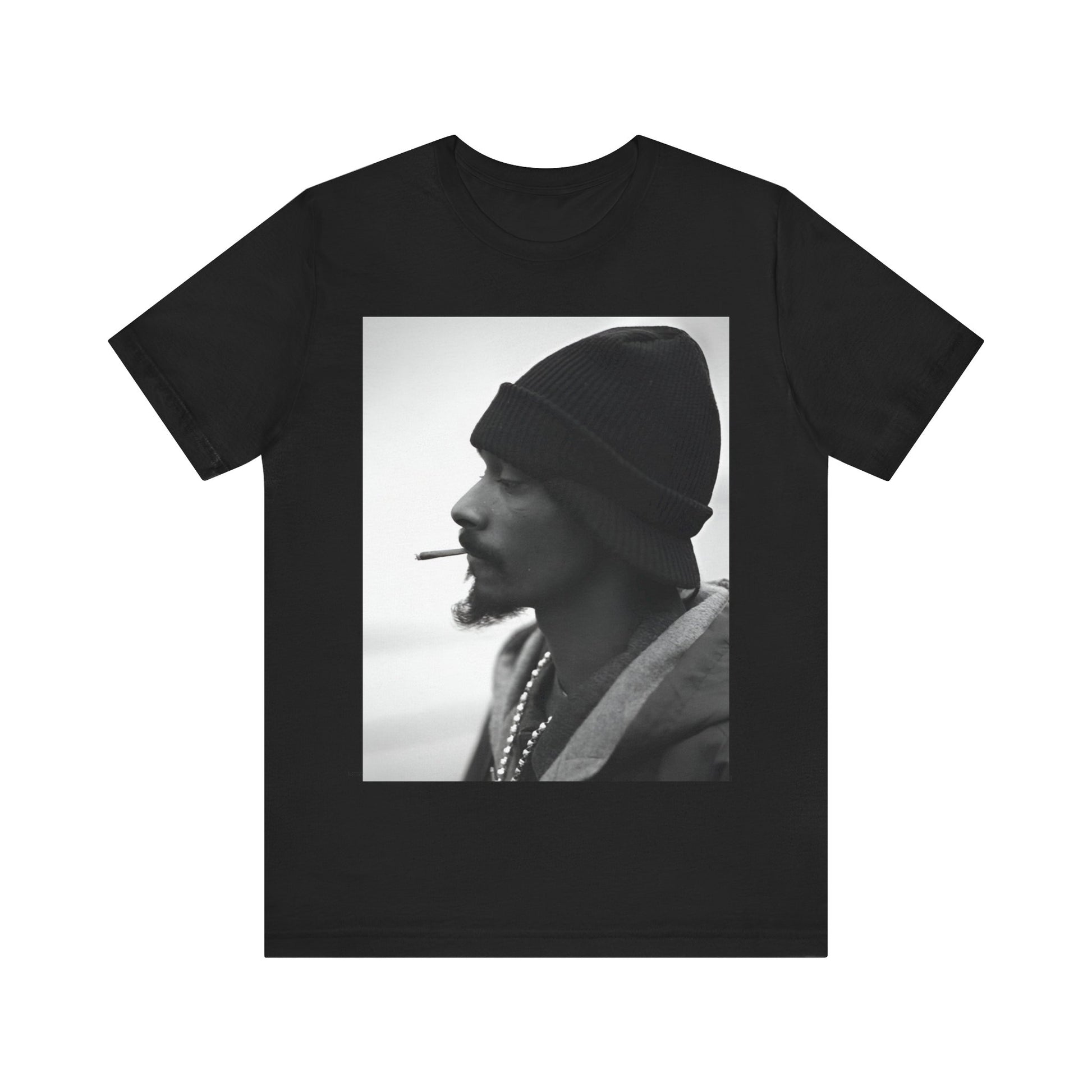 A black graphic t-shirt featuring a graphic of Snoop Dogg designed for everyday West Coast style.