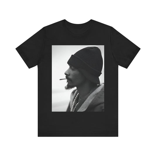 A black graphic t-shirt featuring a graphic of Snoop Dogg designed for everyday West Coast style.