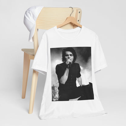 A black graphic t-shirt featuring a black and white graphic or photo of My Chemical Romance performing live in concert.