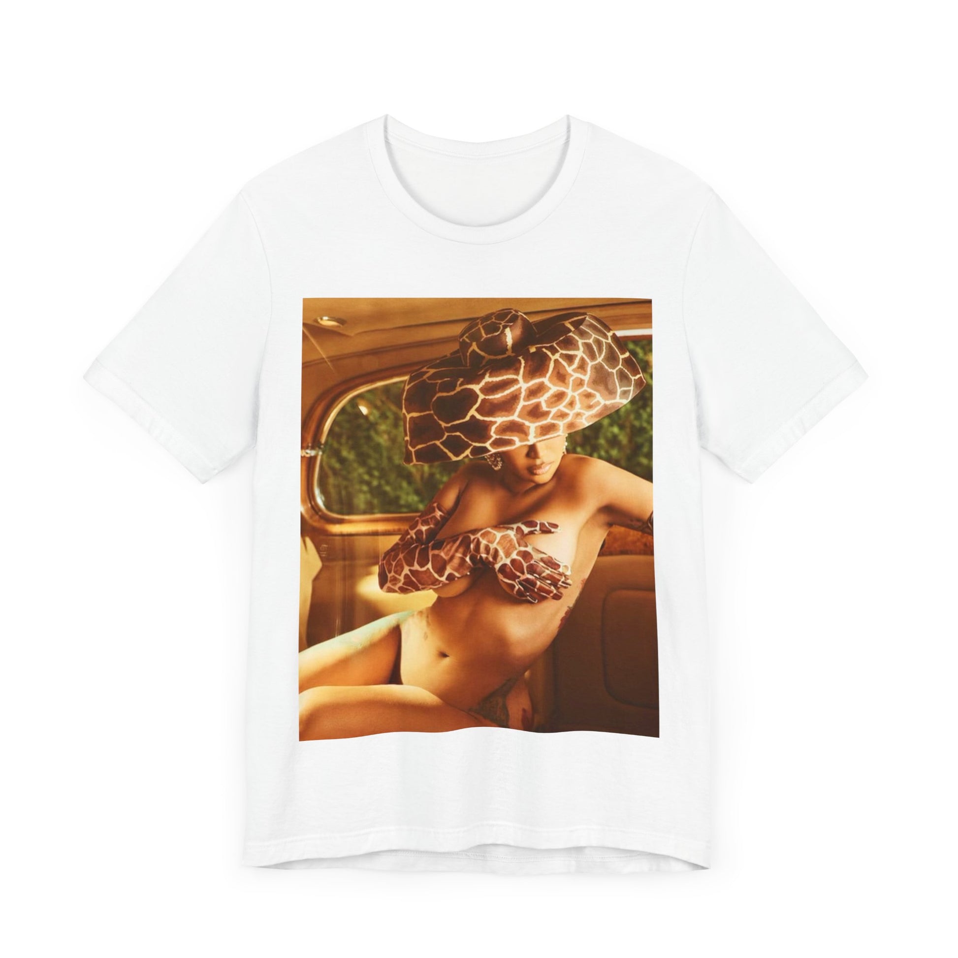 A black graphic t-shirt featuring a graphic of Cardi B as a hip hop culture phenomenon.