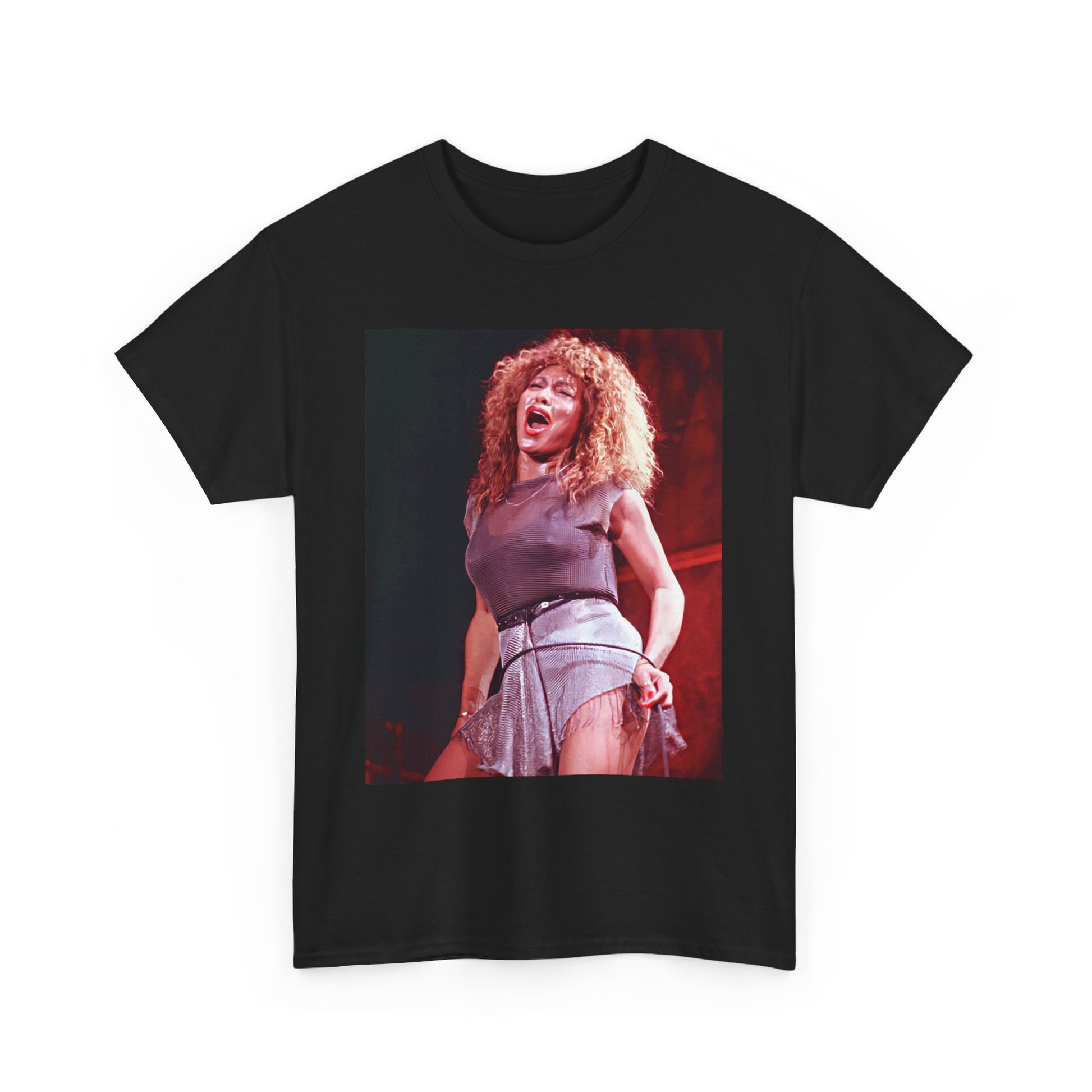 A black graphic t-shirt featuring a graphic of Tina Turner's iconic hair style.