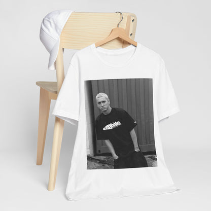 A black graphic t-shirt featuring a graphic of Eminem with a Detroit hip hop aesthetic.