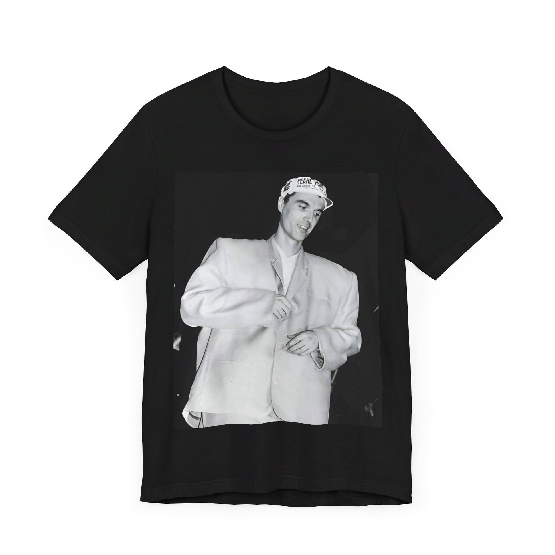 A black graphic t-shirt featuring a black and white graphic of Talking Heads with a cool NYC art scene aesthetic.