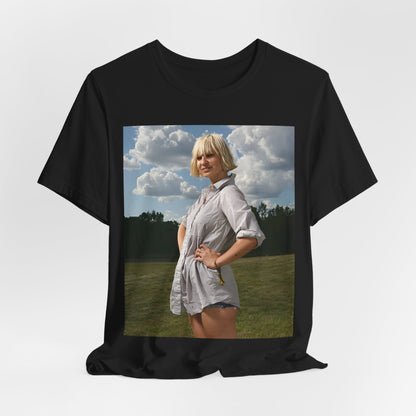 A black graphic t-shirt featuring a bold graphic of Sia as a pop superstar.