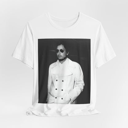 A black graphic t-shirt featuring a vintage black and white photo of Bob Dylan in a contemplative or iconic pose.