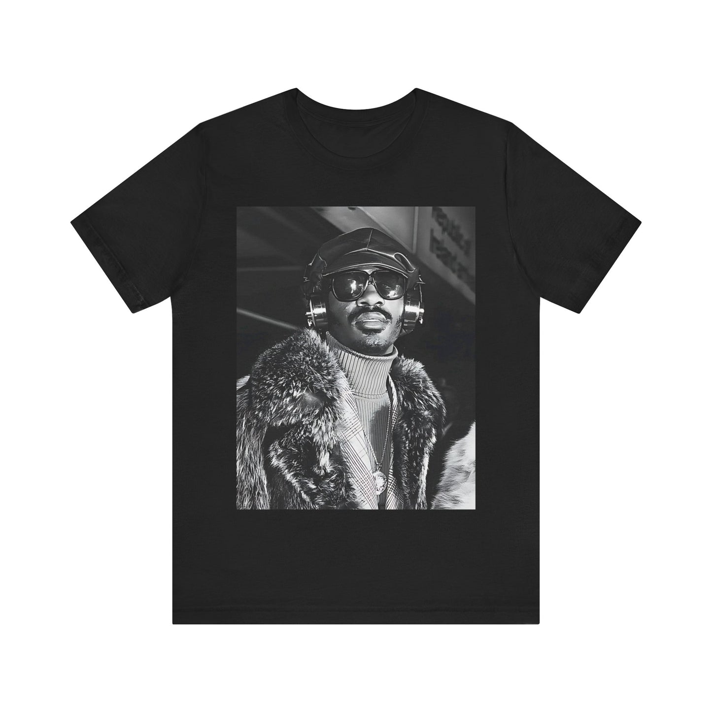 A black graphic t-shirt featuring a 70s black and white graphic of Stevie Wonder as a Motown legend.