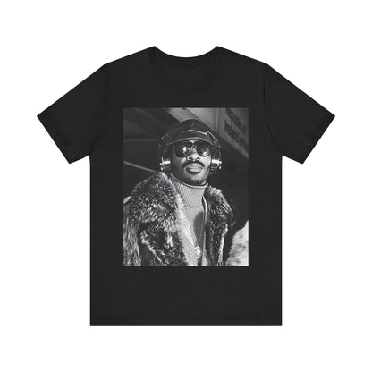A black graphic t-shirt featuring a 70s black and white graphic of Stevie Wonder as a Motown legend.