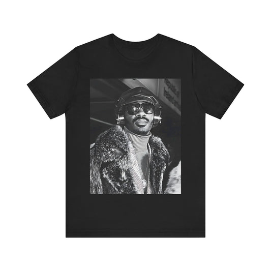 A black graphic t-shirt featuring a 70s black and white graphic of Stevie Wonder as a Motown legend.