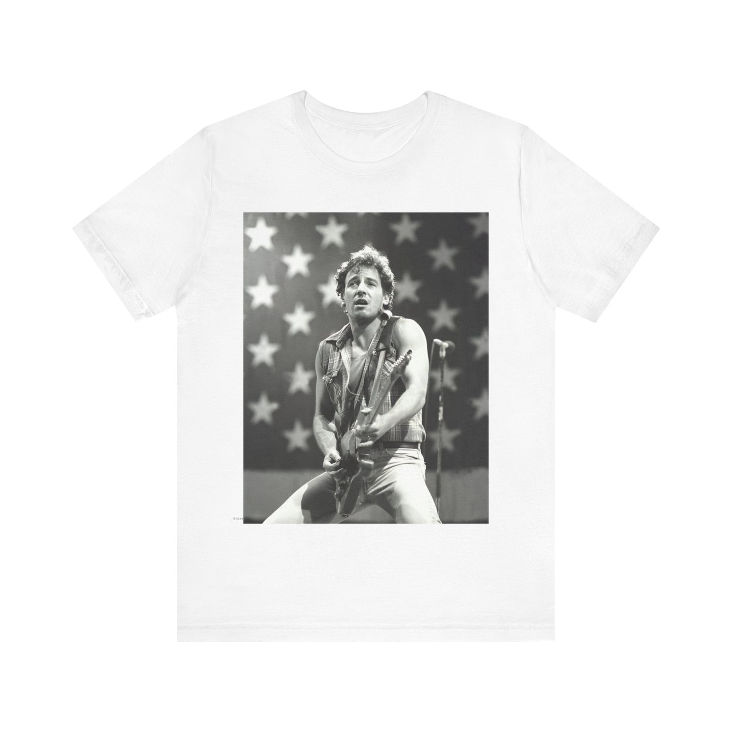 A black graphic t-shirt featuring a black and white graphic of Bruce Springsteen with an American flag background or elements.