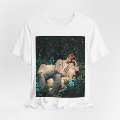 A black graphic t-shirt featuring an aesthetic graphic of Jimin in a K-Pop style.