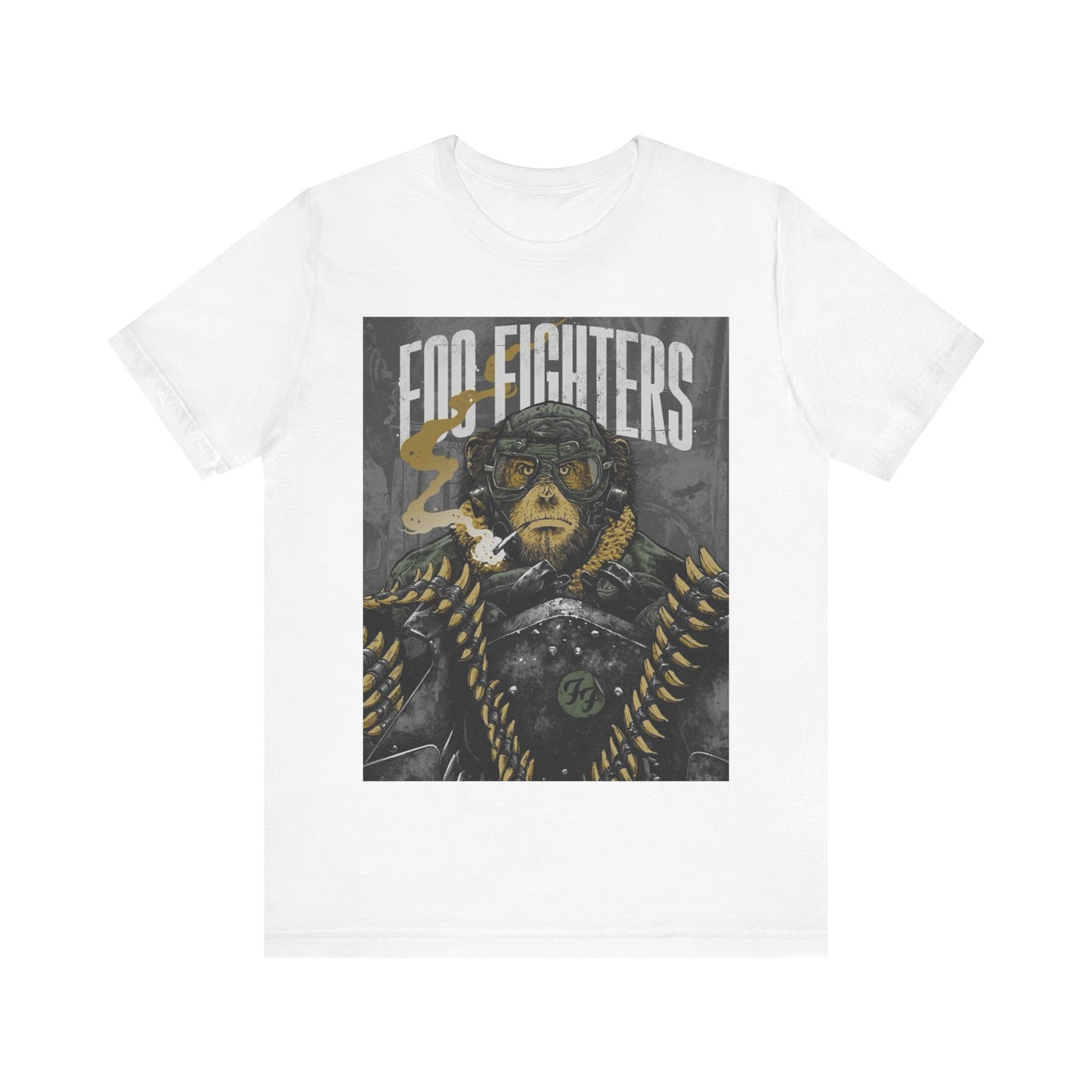 A black graphic t-shirt featuring an aesthetic graphic of a monkey related to Foo Fighters.
