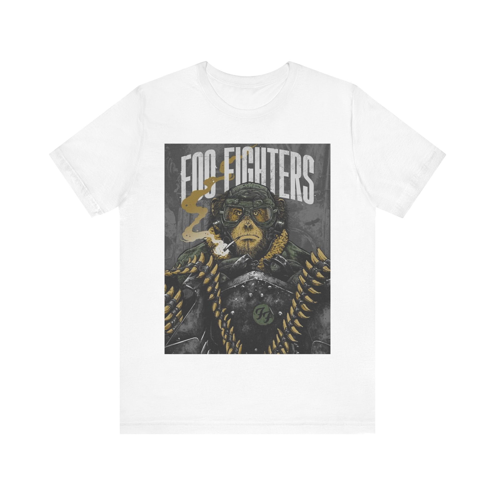 A black graphic t-shirt featuring an aesthetic graphic of a monkey related to Foo Fighters.
